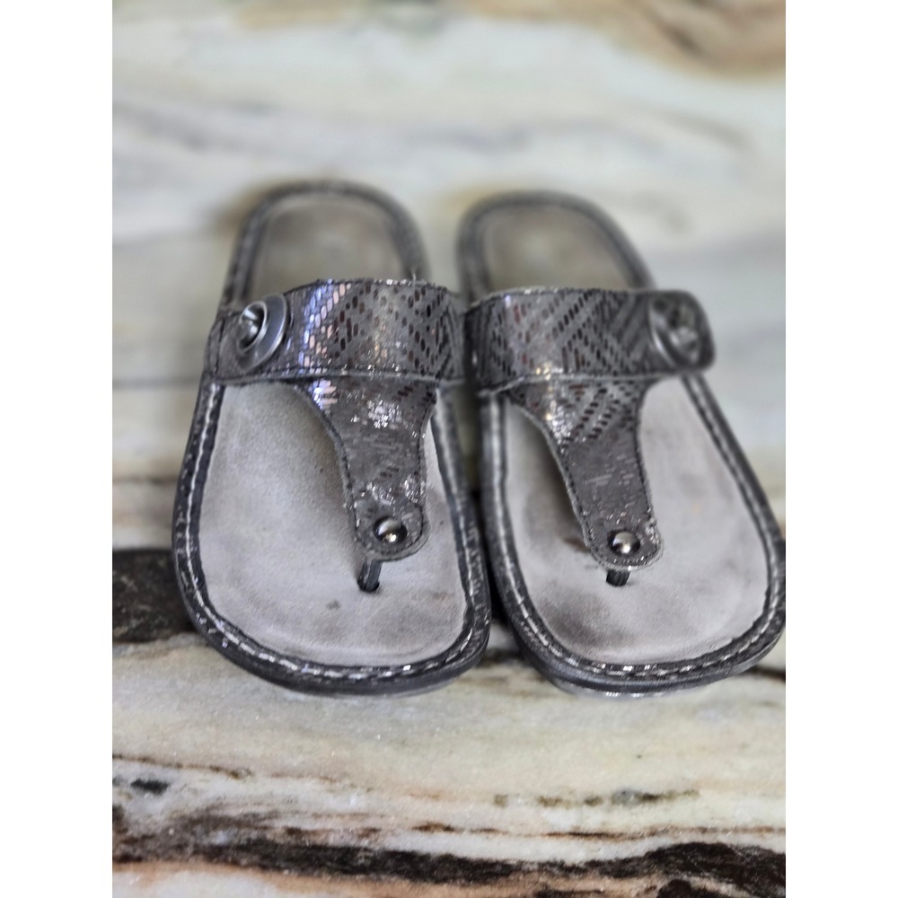 Alegria Carina Metallic Pewter Geometric Thong Sandals‎ Rocker Sole Womens 38 8